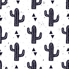 Wall Mural - Vector black and white seamless pattern with cactuses and triangles. Modern design for fashion, print, poster, card, textile. Scandinavian style.