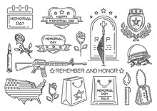 Memorial Day Design Concept. Set Of Linear Icons For The United States Memory Day. Vector Illustration