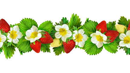 Seamless line pattern with strawbwrries flowers, berries and leaves