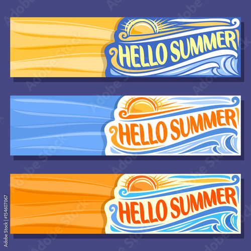 Vector Horizontal Banners For Summer Season 3 Layouts With Sea Waves Background Sunny Templates With Title Text Hello Summer Summertime Art Mockups With Orange Sun Hot Sunshine Summer Weather Buy Vector Horizontal Banners For Summer Season 3 Layouts With Sea Waves Background Sunny Templates With Title Text Hello Summer Summertime Art Mockups With Orange Sun Hot Sunshine Summer Weather Buy