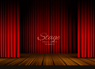 Sticker - open red curtains stage, theater or opera background with wooden floor