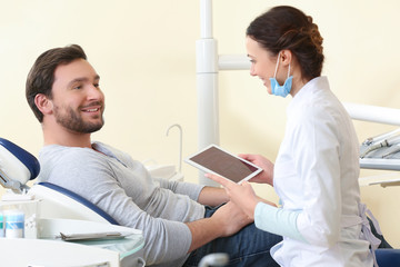 Wall Mural - Man visiting female dentist at clinic