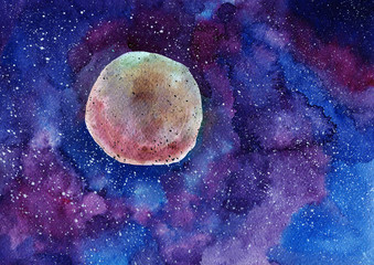 watercolor galaxy background. space, moon and stars