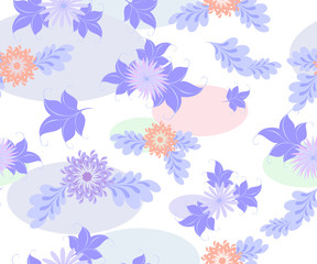  Seamless background with blue flowers and ellipses on a uniform white background. EPS10 vector illustration