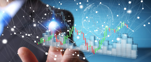 Aufkleber - Businessman using digital 3D rendered stock exchange stats and charts
