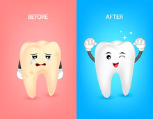 Cartoon Tooth Character Before And After. Whiten Yellow Teeth. Dental Care Concept,  Illustration.