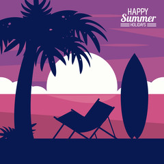 Wall Mural - happy summer holidays. silhouette of chair palm surfboard on sunset beach vector illustration