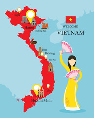 Wall Mural - Vietnam Map and Landmarks with People in Traditional Clothing