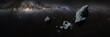 a swarm of asteroids in front of the Milky Way galaxy
