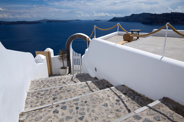  White architecture on Santorini Island, Greece. Beautiful landscape with sea view