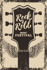 Poster - rock and roll festival poster template. Guitar with wings on grunge background. Vector illustration