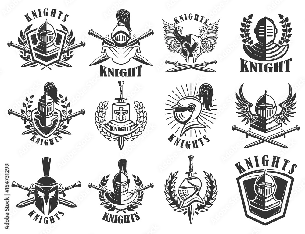 Set of knight emblems. Design elements for logo, label, emblem, sign, badge. Vector illustration - obrazy, fototapety, plakaty 