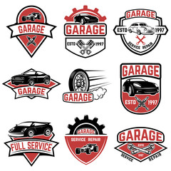 Wall Mural - Set of vintage car service labels. Design elements for logo, label, emblem, sign, badge. Vector illustration