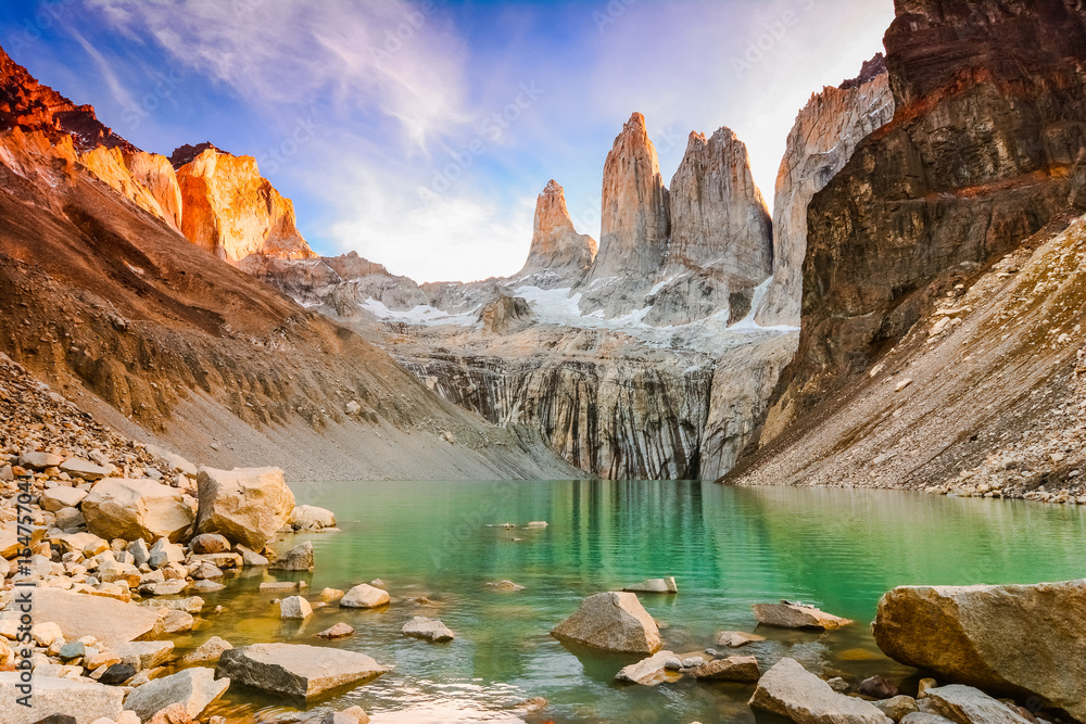 Laguna torres with the towers at sunset, Torres del Paine National Park, Patagonia, Chile - obrazy, fototapety, plakaty 