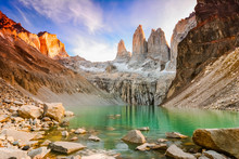 Laguna Torres With The Towers At Sunset, Torres Del Paine National Park, Patagonia, Chile