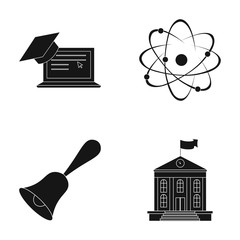 Computer, cap, atom, nucleus, bell, university building. School set collection icons in black style vector symbol stock illustration web.