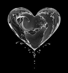 Heart made of water splashes on black background