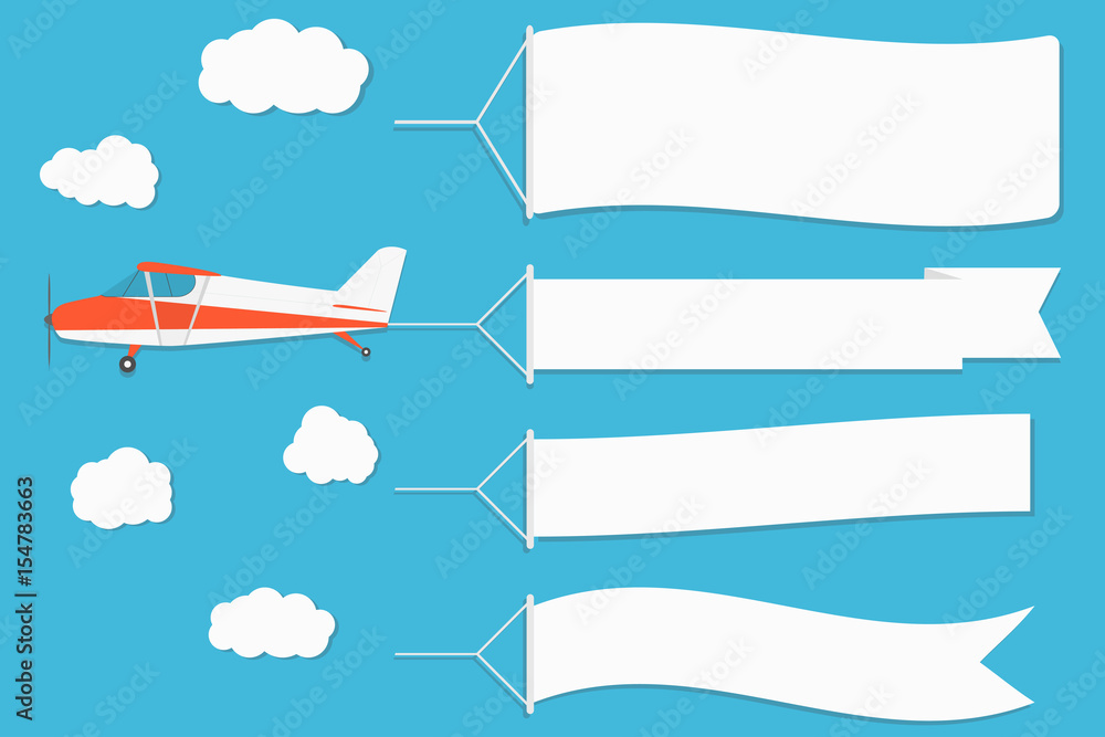Flying advertising banner. Plane with horizontal banners on blue sky ...