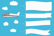 Flying Advertising Banner. Plane With Horizontal Banners On Blue Sky Background.