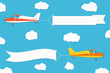 Flying advertising banner. Planes with horizontal banners on blue sky background