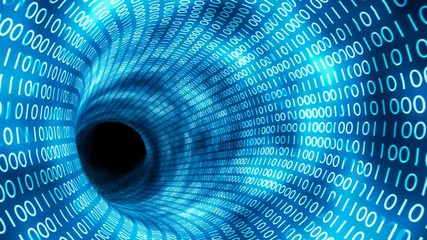 Flight in binary tunnel. Internet and computer network concept. Looping 3D rendered animation.