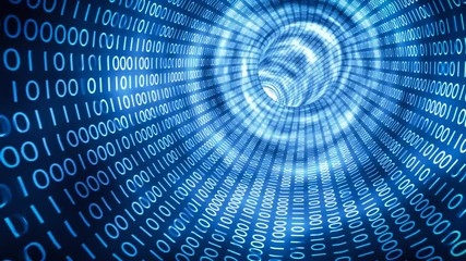 Flight in binary tunnel. Internet and computer network concept. Looping 3D rendered animation.