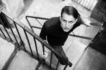 handsome young man, fashionable black and white portrait.