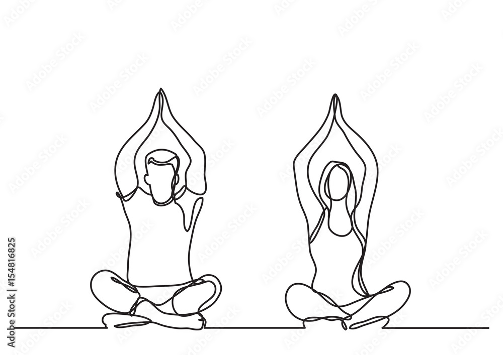 man woman doing yoga - continuous line drawing - obrazy, fototapety, plakaty 