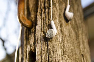 Closeup of in ear headphones, (ear headphones ) hanging on rustic, grungy wooden pole