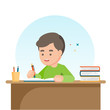 © by213 - Happy cute  school boy writing for homework, Study concept, Vector illustration.