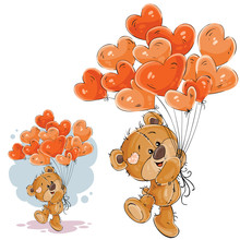Vector Illustration Of A Brown Teddy Bear Holding In Its Paw A Red Balloons In The Shape Of A Heart. Print, Template, Design Element