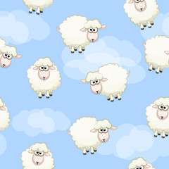 Seamless pattern with cute funny herd white sheeps on sky. Vector background