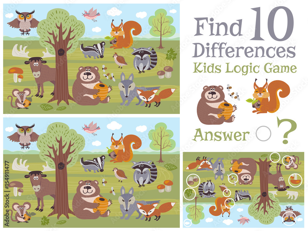 Find differences educational kids game with forest animal characters ...