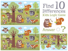 Find Differences Educational Kids Game With Forest Animal Characters Vector Illustration