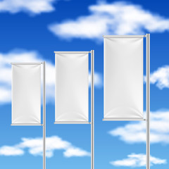 Wall Mural - White flags and blue sky. Beach event advertising vector template