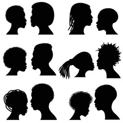 Wall Mural - African female and male face vector silhouettes. Afro american couple portraits for wedding and romantic design