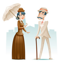 Victorian Lady And Gentleman Wealthy Cartoon Characters Icons On Stylish English City Background Retro Vintage Great Britain Design Vector Illustration