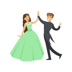 Wall Mural - A woman in a ball dress and a man in a frock coat dancing ballroom dance colorful character vector Illustration