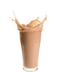 Splash of chocolate milk from the glass on isolated white background.