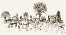 Vintage View Of New England Farm With Horses, Hand Drawn Vector Illustration.
