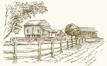 Vintage Landscape, New England Farm, Hand Drawn Vector Illustration.
