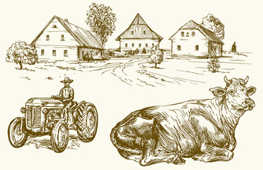 Canvas Print - Farm, country village, tractor and cow. Hand drawn collection.