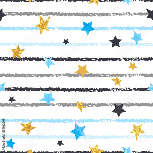 Cotton fabric Seamless striped pattern with blue and golden stars. Vector background.