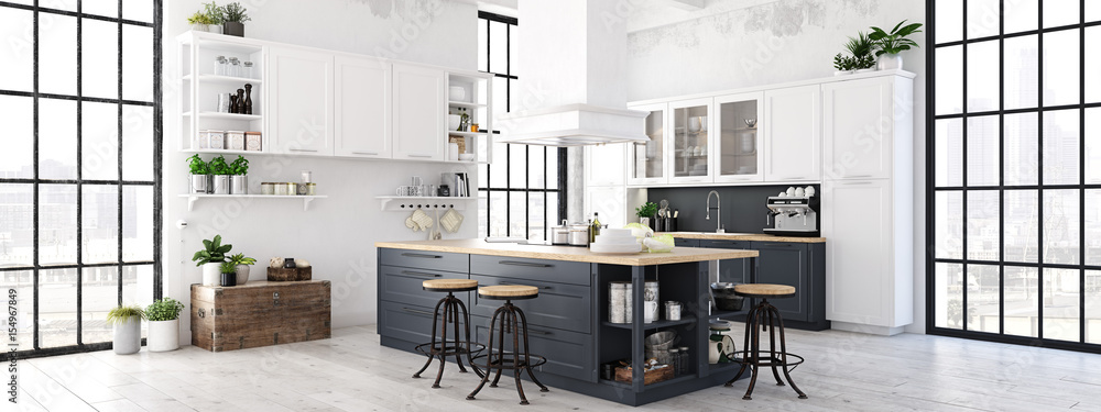 modern nordic kitchen in loft apartment. 3D rendering - obrazy, fototapety, plakaty 