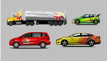 Digital Vector Yellow Red And Green Sedan Sport Cars Mockup, Van And Fuel Tank Truck. Your Brand. Isolated. Transparent, Realistic 3d, Reflection