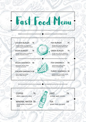 Wall Mural - Restaurant menu brochure with hand drawn graphic. Cafe price catalog, food and drink card with snack linear sketches. Fast food vector template with pizza, hot dog, chicken, drink pencil doodles