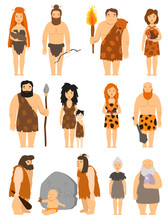 Cartoon Primitive People Character Set Vector Protoman Neanderthal Caveman Primeval Family Evolution Illustration