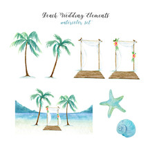 Beach Wedding Elements. Watercolor Set With Palm Trees, Sea Landscape, Shells And Wedding Arches.