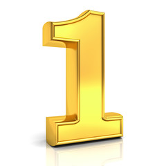 Aufkleber - 3D gold number one , 1 isolated over white background with reflection and shadow. 3D rendering.