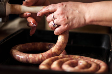 cooking close up homemade sausage with raw meat and spices